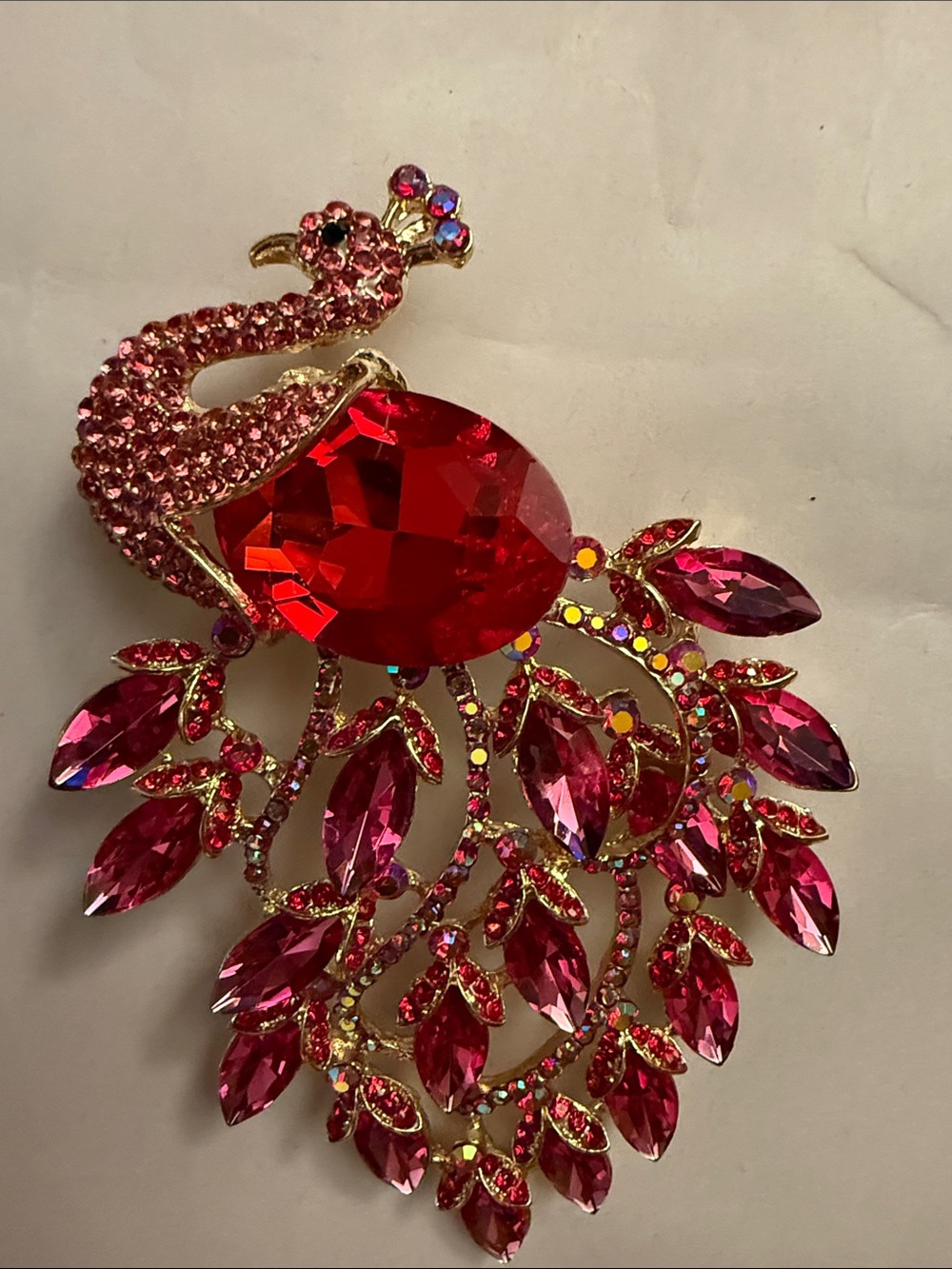 Pink Crystal Peacock Brooch - iridescent Red & Pink Statement occasion brooch